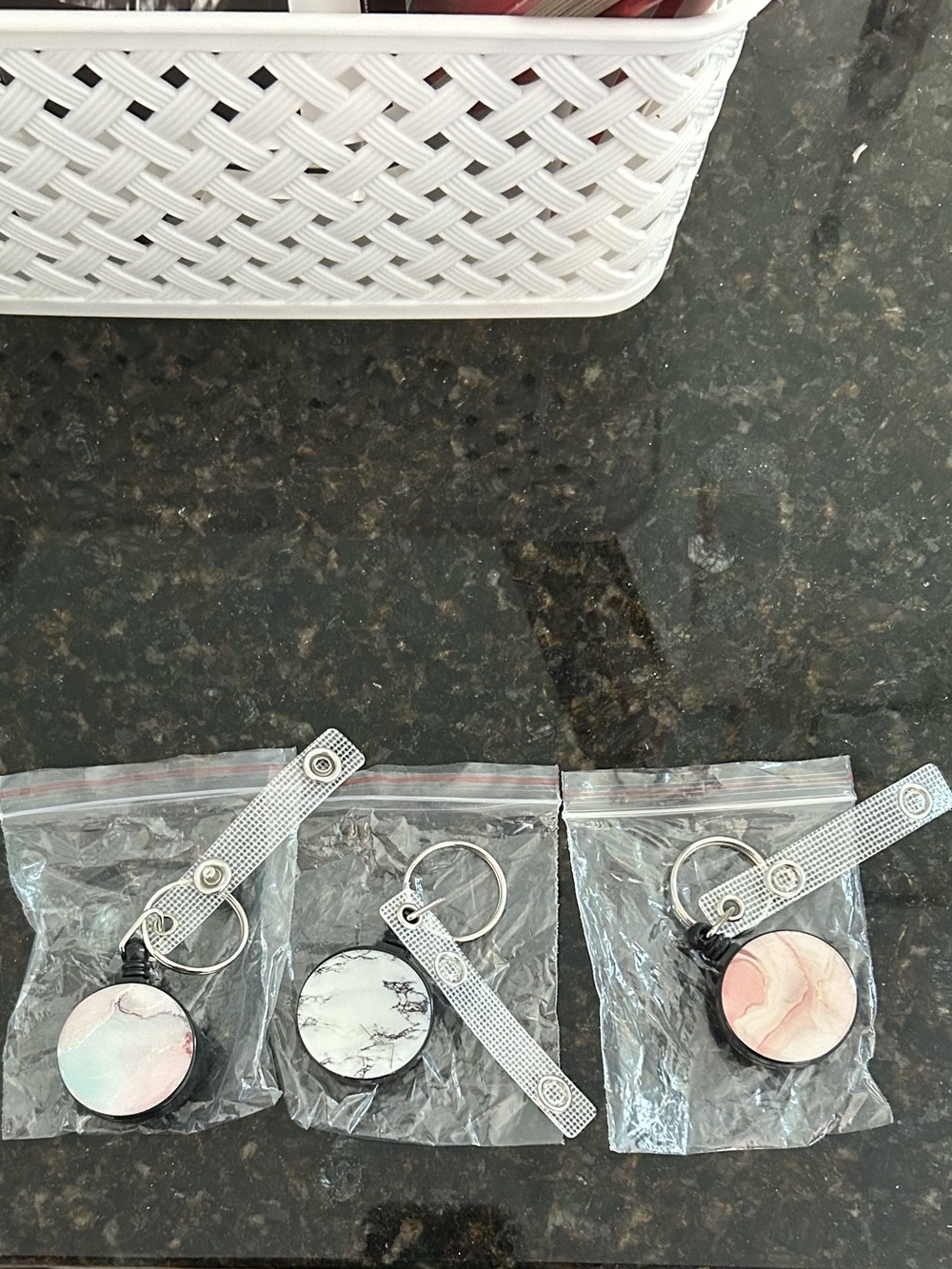 Retractable Badge Reel Keychain with Marble Design - Pink, White, Black
